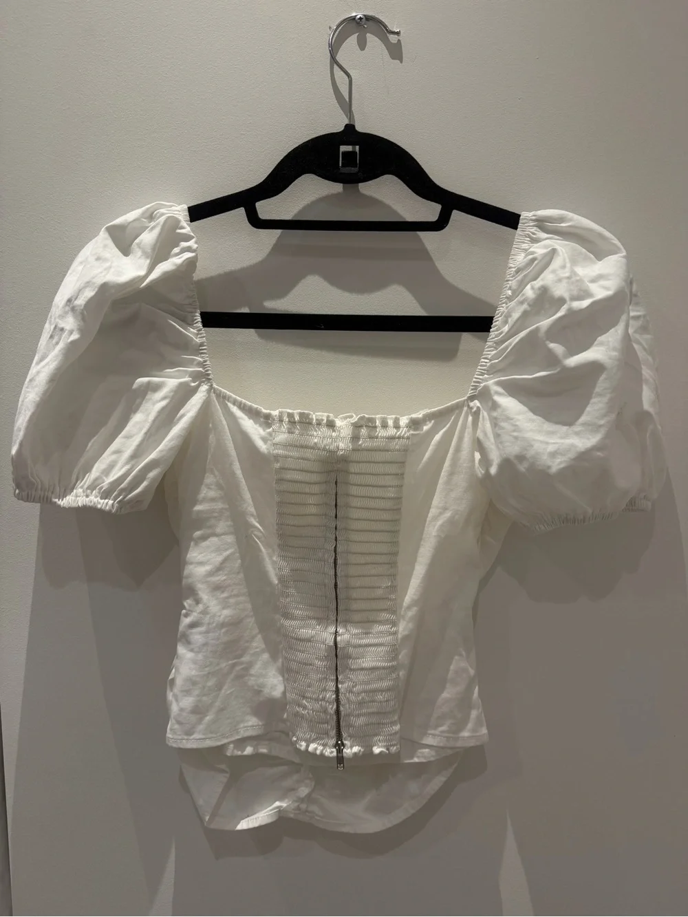 Reformation White Ruched Puff-Sleeve Sweetheart Top
